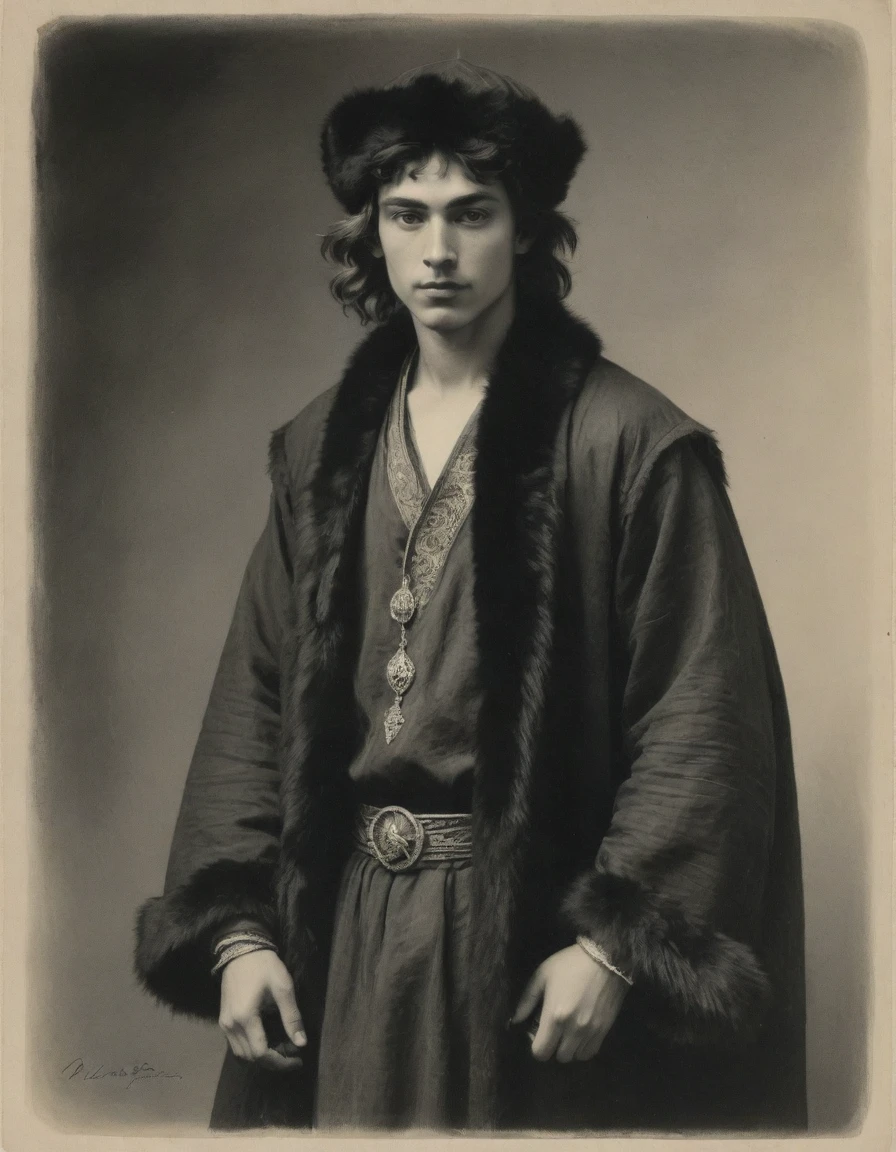 by Vasily Surikov, by Léon Bakst, (((Rough monochrome drawing, gray scale, Linear style, hand drawn, coal sketch on paper))), full body portrait of a a beautiful, teenage male noble, arrogant, facing viewer. He is wearing a ((fur hat)). He is wearing a black Mughal caftan, with red diamond symbology, with moth symbology, with dragon symbology, jungle background