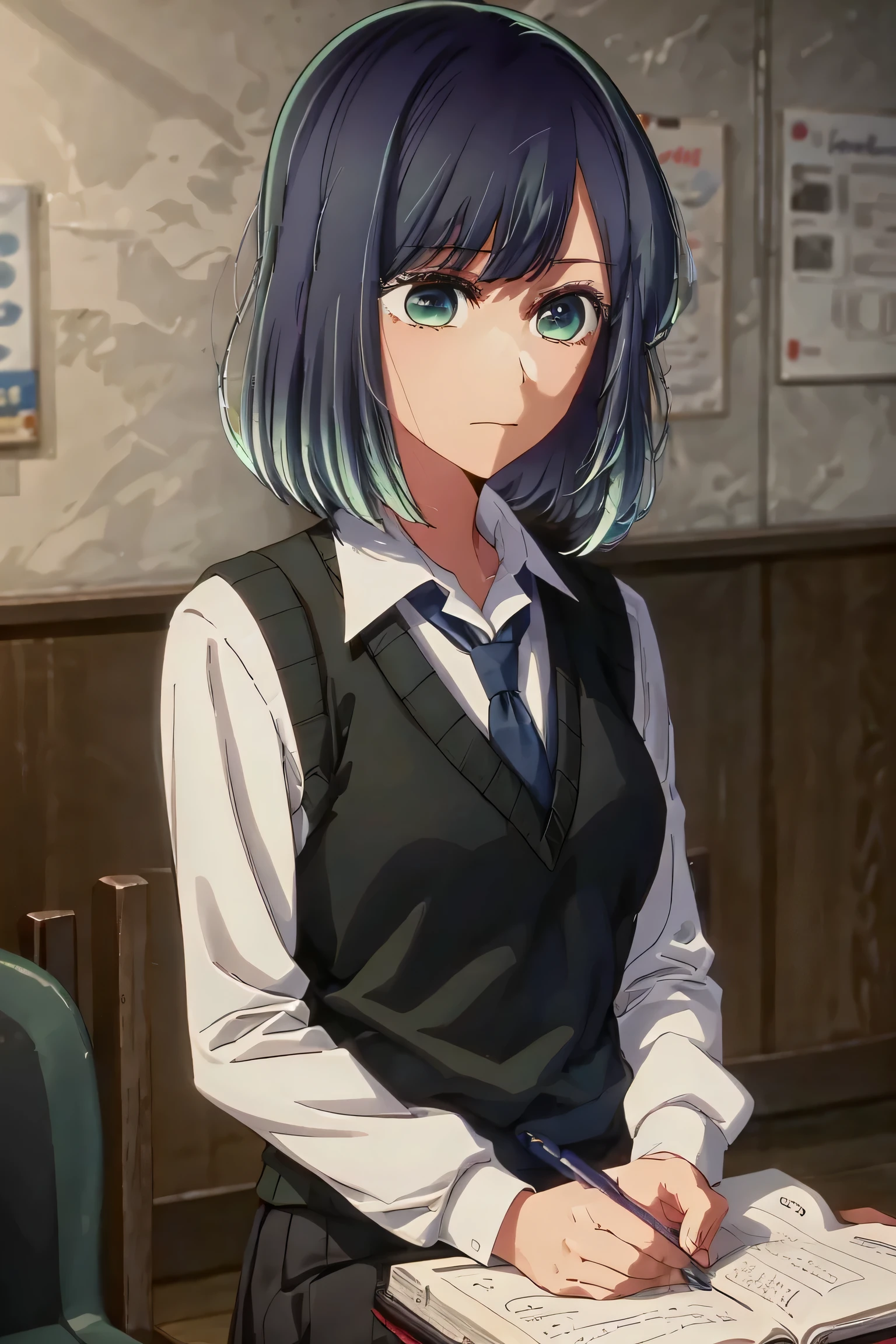 tall body, tall, long legs, mature woman, mature, adult, , eft_oshi_akane, alone, tie, 1 girl, shirt, blue tie, blue hair, white shirt, long sleeves, looking at viewer, medium hair, collared shirt, vest, indoors, , bangs, vest, closed mouth, notebook, green eyes, multicolored hair, black vest, short hair, expressionless, faded hair, blue eyes, skirt, more details XL