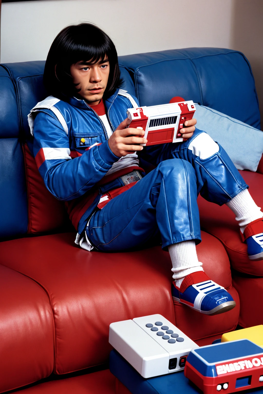 Optimus prime sitting on the couch playing Nintendo on a Saturday morning in the 80s
