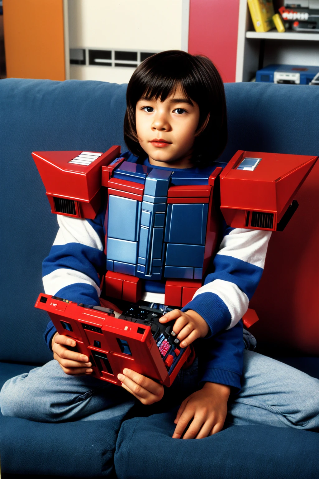 Optimus prime sitting on the couch playing Nintendo on a Saturday morning in the 80s