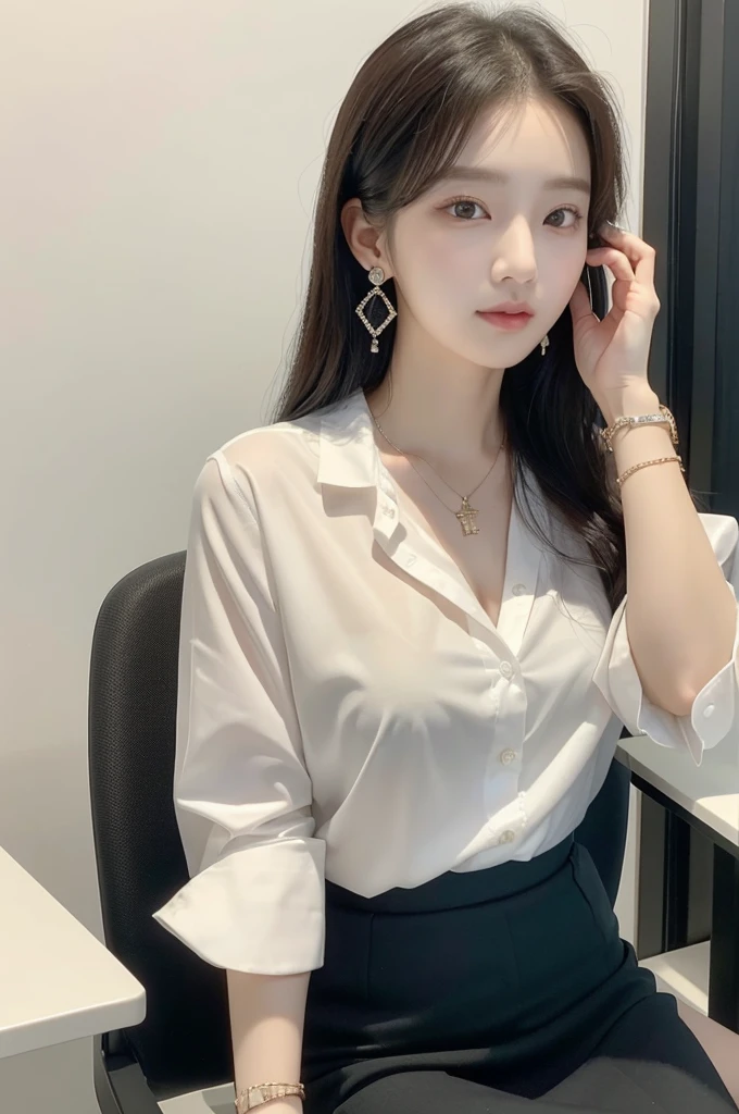 (((actual photography))),, portrait, Korean，(惊艳和arrogant的臉:1.3),, 1 Girl，beautiful girl, arrogant,Sit in a large class chair , (Necklace，earrings，Bracelet:1.1), Buttoned shirt and hip skirt, , (cleavage:0.3),, In the CEO&#39;s Office, (environmental details:1.3),, (original photo, CG Unity, photography, ultra actual details, sharp focus, Delicate skin,4K, High resolution, masterpiece, best quality, actual, energetic:1.2),, (8K,4K, Ultra high quality, High resolution, professional, Movie般的, Movie, Dramatic),Reasonable posture, Detailed office background