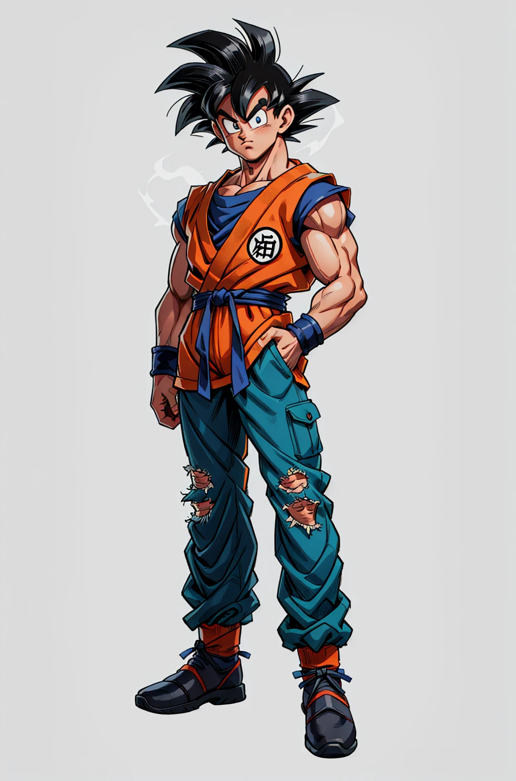 1man, fashion outfit, son goku from dragon ball, akira toriyama style, full body, detail, face detail, amazing art, simple background, eyes detail, uhd, 4k, amazing art. armani model, (perfect eyes),
