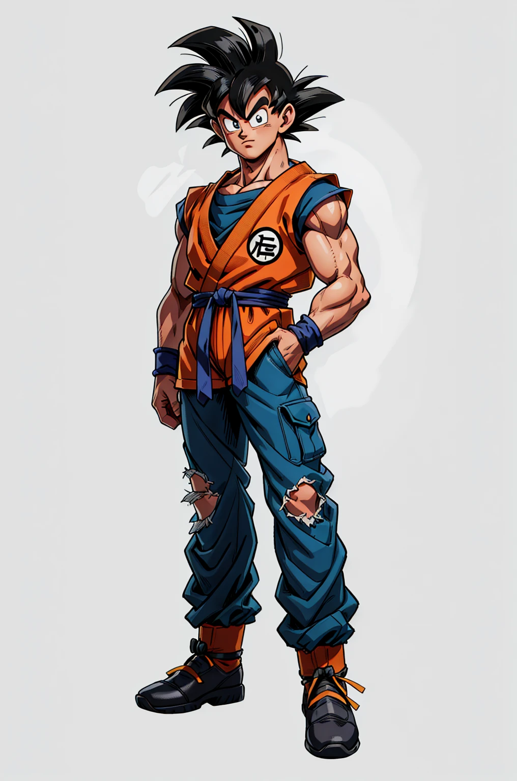 1man, fashion outfit, son goku from dragon ball, akira toriyama style, full body, detail, face detail, amazing art, simple background, eyes detail, uhd, 4k, amazing art. armani model, (perfect eyes),