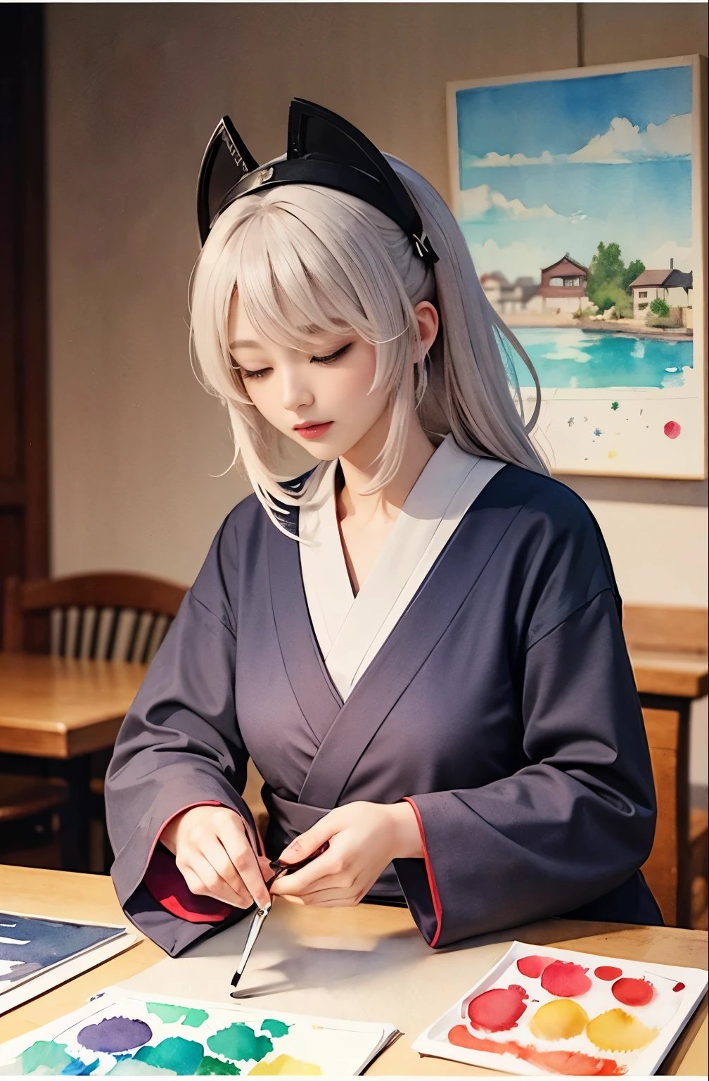 (Tabletop, Highest qualityの, Highest quality, Official Art, (beautifully、aesthetic:1.4), (Watercolor:1.4) ), (Tsukuyomi:1.5), 日本god話のgod様々々, Fleeting beauty, 星空に照らされるgod秘的な存在, god'Grace, Calm and contemplative expression, Flowing Heavenly Robe, A dazzling silver glow illuminates the night view, Dance of shadows and lights, Whispers of Ancient Legends