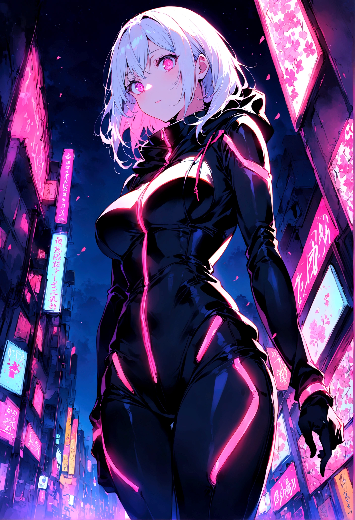Neon, (girl wearing a dark black ninja suit with hood), leather suit, suit that emanates bright pink light, bright pink eyes, very detailed eyes, white hair, perfect anatomy, Japanese cherry trees in the background, the Trees have luminous leaves and fall in the breeze, bright, (neon lights protrude from the suit), night, nocturnal. high image quality, 8k, HD, intricate, very detailed image, very sharp, luminous neon