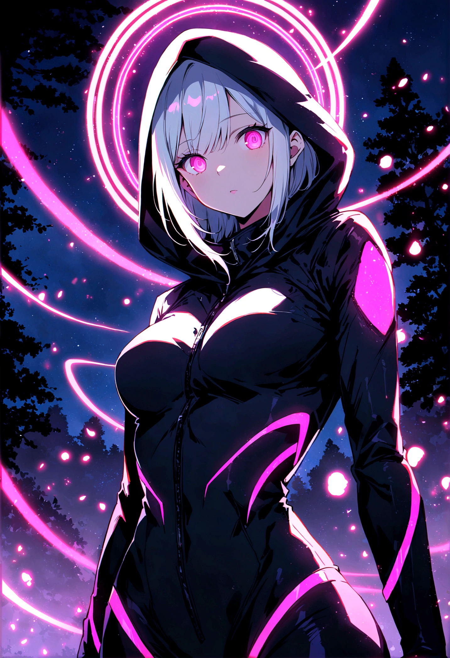 Neon, (girl wearing a dark black ninja suit with hood), leather suit, suit that emanates bright pink light, bright pink eyes, very detailed eyes, white hair, perfect anatomy, Japanese cherry trees in the background, the Trees have luminous leaves and fall in the breeze, bright, (neon lights protrude from the suit), night, nocturnal. high image quality, 8k, HD, intricate, very detailed image, very sharp, luminous neon