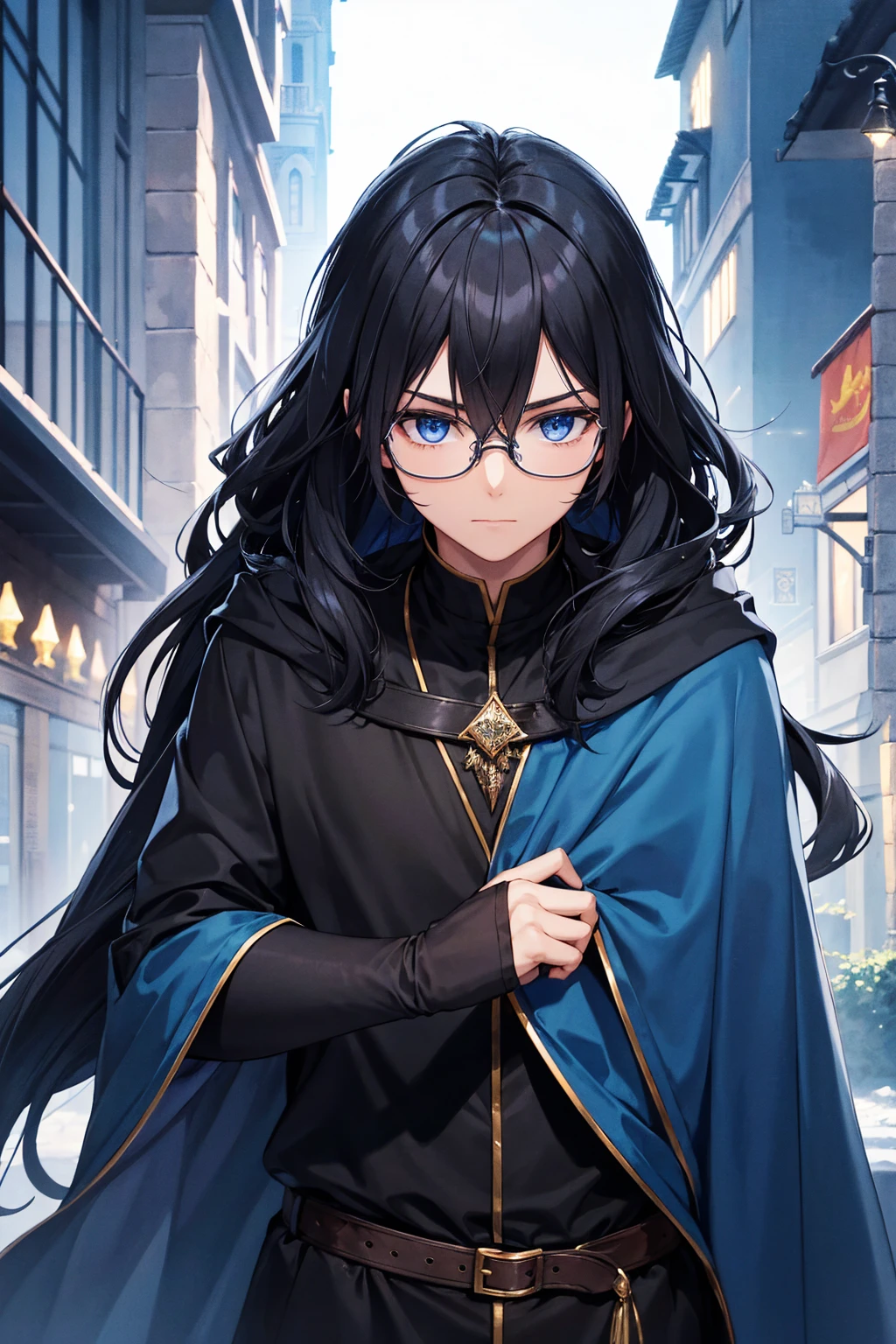 A man wearing glasses, black long-haired wizard, dark blue eyes, black with blue wizard clothes, young magician, intellectual, cold personality, medieval city background in blue night