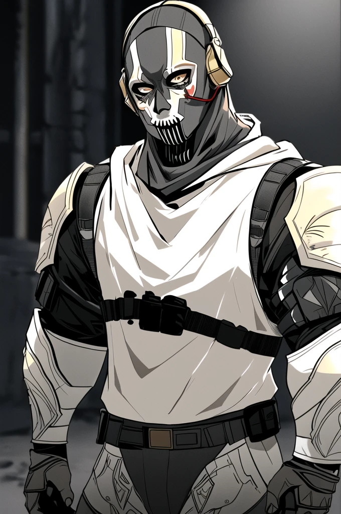 1boy,masked,muscular,strong rim light,moody lighting,armor,highres,rim light,by zoyu,by sedo,(ghost,simon_riley,call of duty),
