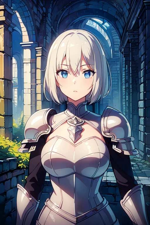 (((masterpiece))), (((Best quality))), ((ultra detailed)), (Cinematic lighting), (illustration), (beautiful detailed eyes), (1 girl), whole body, space, knight, armor, blonde hair, to walk, castle in the distance, Best quality, expressive eyes, perfect face, girl: (20 years, White hair, short hair, black jumpsuit, grey and blue armor),