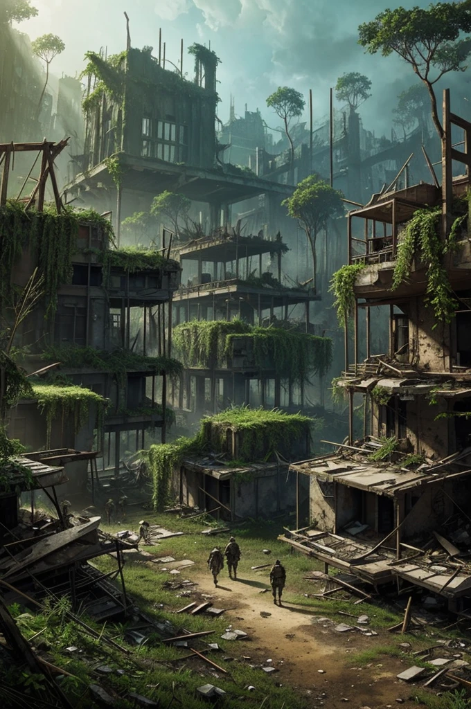 Concept art of a post-apocalyptic world with ruins, thickets of vegetation and a lone survivor