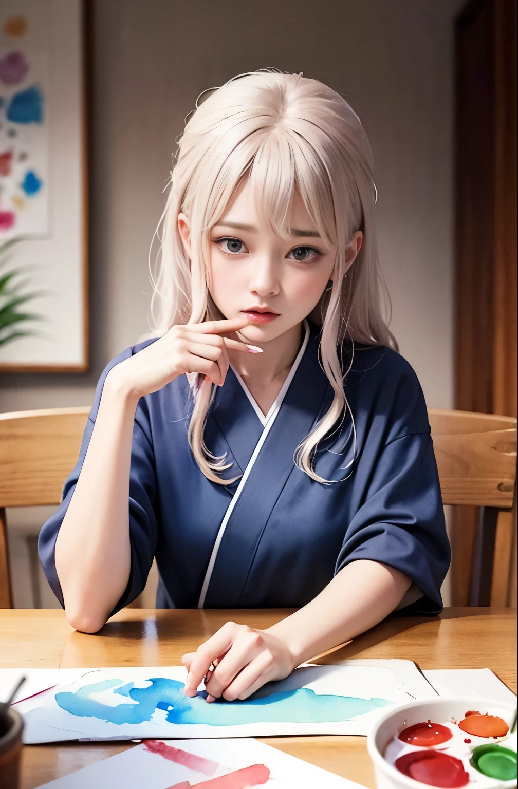(Tabletop, Highest qualityの, Highest quality, Official Art, (beautifully、aesthetic:1.4), (Watercolor:1.4) ), (Tsukuyomi:1.5), 日本god話のgod様々々, Fleeting beauty, 星空に照らされるgod秘的な存在, god'Grace, Calm and contemplative expression, Flowing Heavenly Robe, A dazzling silver glow illuminates the night view, Dance of shadows and lights, Whispers of Ancient Legends
