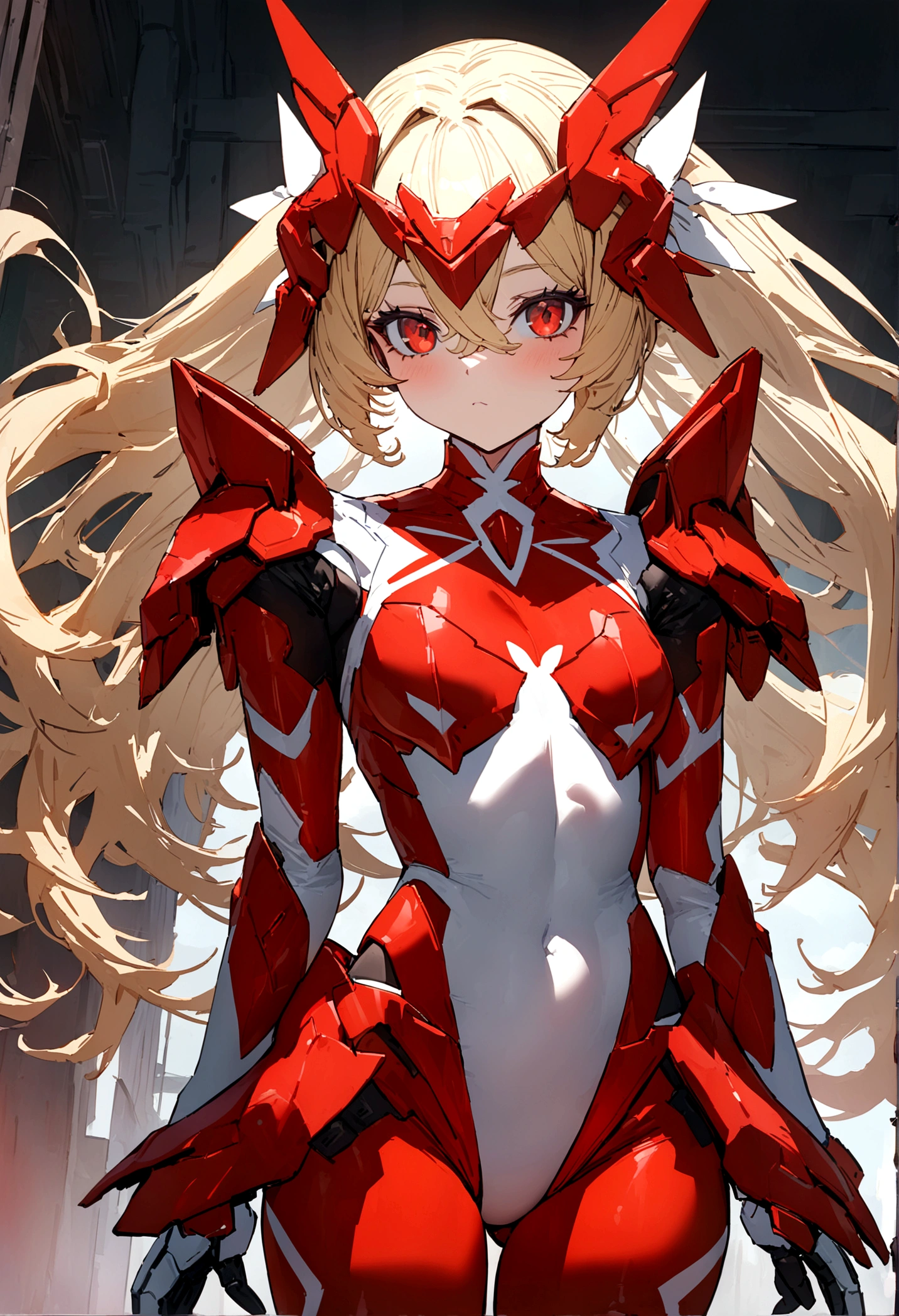 Mecha style maigcal girl, long blond hair, red eyes, her outfit is a white coloured magical girl leotard with the rest of her body covered in crimson coloured mecha style armor, UHD, masterpiece, high details, super detail, high quality, best quality