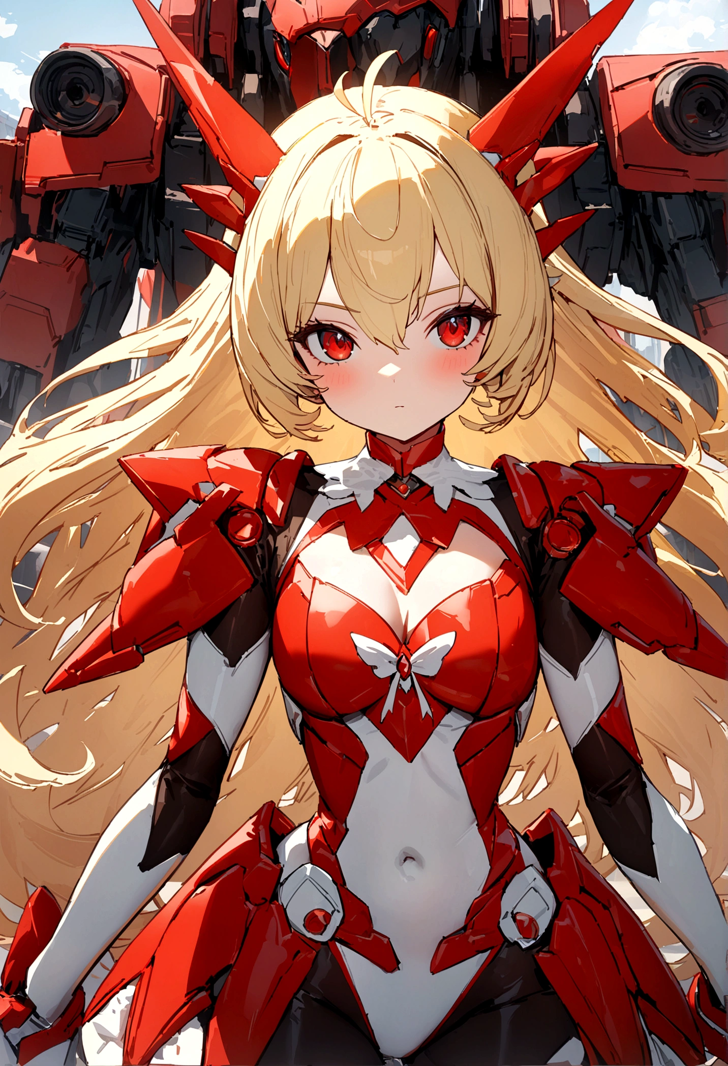 Mecha style maigcal girl, long blond hair, red eyes, her outfit is a white coloured magical girl leotard with the rest of her body covered in crimson coloured mecha style armor, UHD, masterpiece, high details, super detail, high quality, best quality