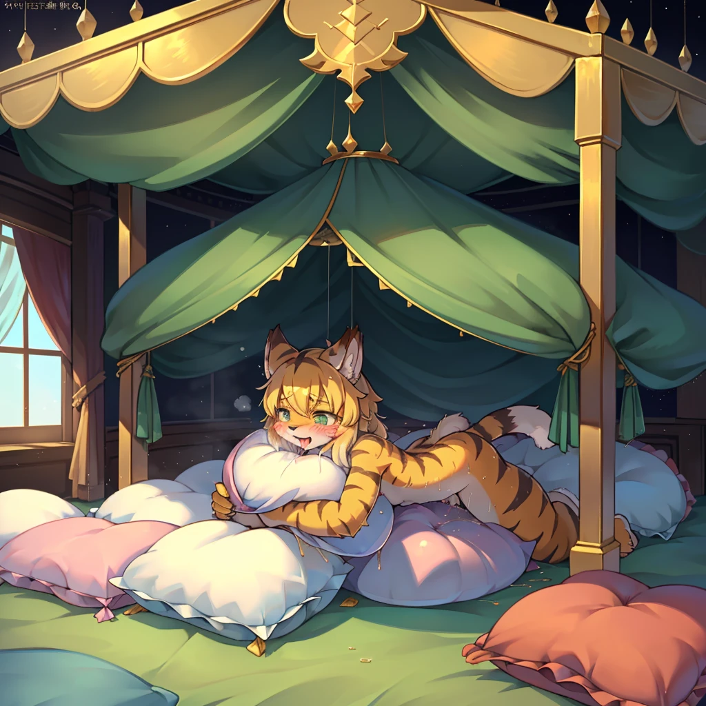 （masterpiece，best quality），my own, The Beast, , (适合任何Pillow背景的光影））, 穿着pajamas可爱女孩在Pillow上摆姿势 ，pajamas，Nature,, (blush),a smile，Pillow头,（很多Pillow），Soft cushion，（canopy bed），Soft pillow quotation，（Pillow损坏），很多Pillow，（Crotch rubbing），（（Pillow驼峰）），（Pillow），（A tail），，（粉色Pillow），（Love around the protagonist），Steam，（Pillow头），（），（豪华Pillow），（Pillow），（palace），（Palace bedroom），（Pillow），柔软的Pillow，，（Classical European style bedroom ），（excited，shy person，Lack of expressiveness，），，pillow humping,my,tiger tail,tiger ears,Tiger pattern，，Sweat，，Sweaty，Body swing，身体Shaking lines，Shaking lines，best quality, masterpiece, ((Maximum resolution)), artwork, ，,,(Interior of the palace),(In the bedroom at night),(Deluxe Rococo Canopy King Bed),On a big and spacious bed,(the 女孩 is lying on the bed),Before bedtime,,,Luxurious curtains with ornate ruffles and ribbons surround the bed,((((There are many pillows piled on the bed)))),Detail of Quilt,Detailed bed sheets,Ruffled Bed Skirt,Deep Bed,Background with depth,pajamas , ((((大量的Pillow))))，peeing，squatting，water,Urine,Shaking lines，wetting pillows,Flowing liquid，Violent body shaking，剧烈Shaking lines，详细的软Pillow,,（女孩正躺在许多柔软的Pillow上,周围有许多Pillow），(Pillow上有液体），Sweat，saliva，Splashing urine，Pillow上和床上有水迹,