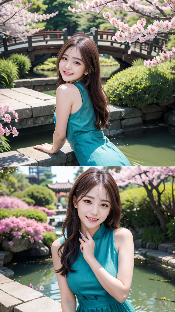 (8K, RAW Photos, Highest quality, masterpiece:1.3), (Realistic, photo-Realistic:1.4), (Highly detailed 8K wallpaper), Sharp focus, Written boundary depth, (Double Bang:1.2), Japanese Idols,very cute,(Baby Face) , Look at us and laugh, Upper Body, Highly detailed face and eyes,((Shiny skin:1.2)), Cinema Lighting, Soft Light,( China dress:1.2), Blur the background, Bokeh,(Traditional Chinese garden with cherry blossoms in full bloom, Enjoy the tranquil scenery with a pond and a small bridge.)