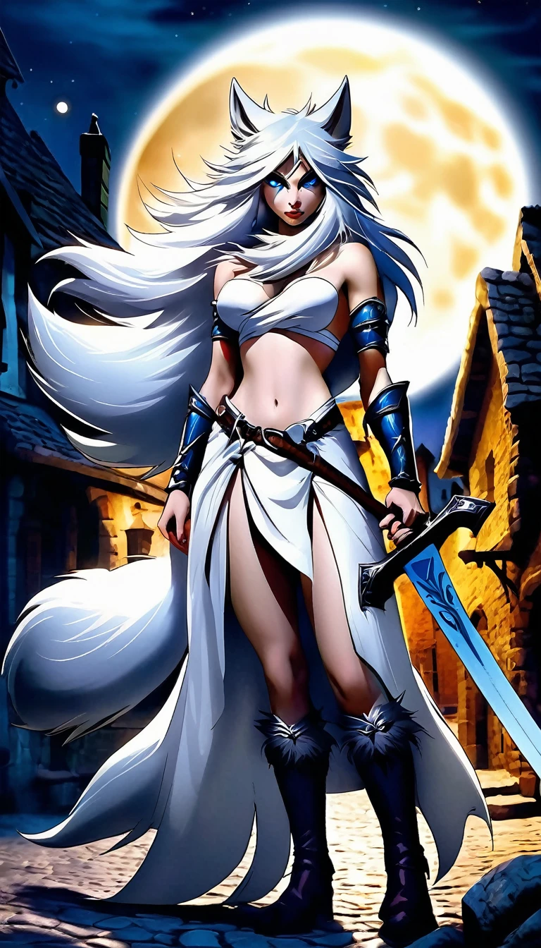 anthro furry wolf female warrior, Blue eyes, long white hair, (hold giant-sword :1.3), naked, topless, fierce, dynamic pose, full moon in medieval town at night, dark atmosphere, horror