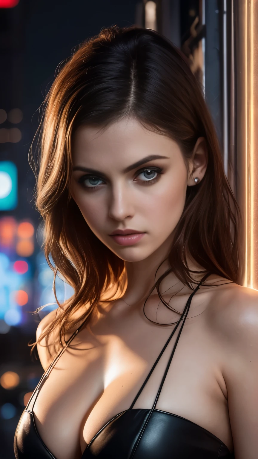 photo of a 25 years old Alexandra Daddario, RAW, beautiful woman, (extra long wavy brown hair), ((portrait)), ((detailed face:1.2)), ((detailed facial featureinely detailed skin), pale skin, (high detailed deep cleavage cyberpunk steel dress), cyberpunk megacity environment, (cold colors), damp, moist, reflectionasterpiece) (perfect proportion)(realistic photo)(best quality) (detailed) photographed on a Canon EOS R5, 50mm lens, F/2.8, HDR, (8k) (wallpaper) (cinematic lighting) (dramatic lighting) (sharp focus) (intricate)