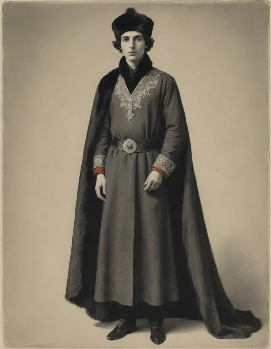 by Léon Bakst, (((Rough monochrome drawing, gray scale, Linear style, hand drawn, coal sketch on paper))), full body portrait of a a beautiful, teenage male noble, arrogant, facing viewer. He is wearing a ((fur hat)). He is wearing a black Mughal caftan, with red diamond symbology, with moth symbology, with dragon symbology, jungle background