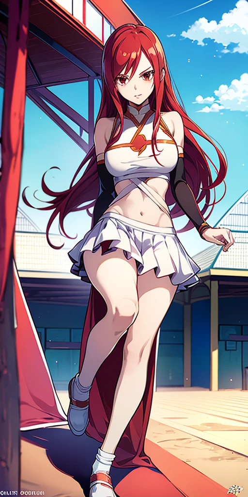 "Create a fusion image of Erza Scarlet from 'Fairy Tail' and 'Haikyuu!!', where Erza is wearing the Karasuno High School volleyball team uniform, looking ready for a match on the volleyball court."