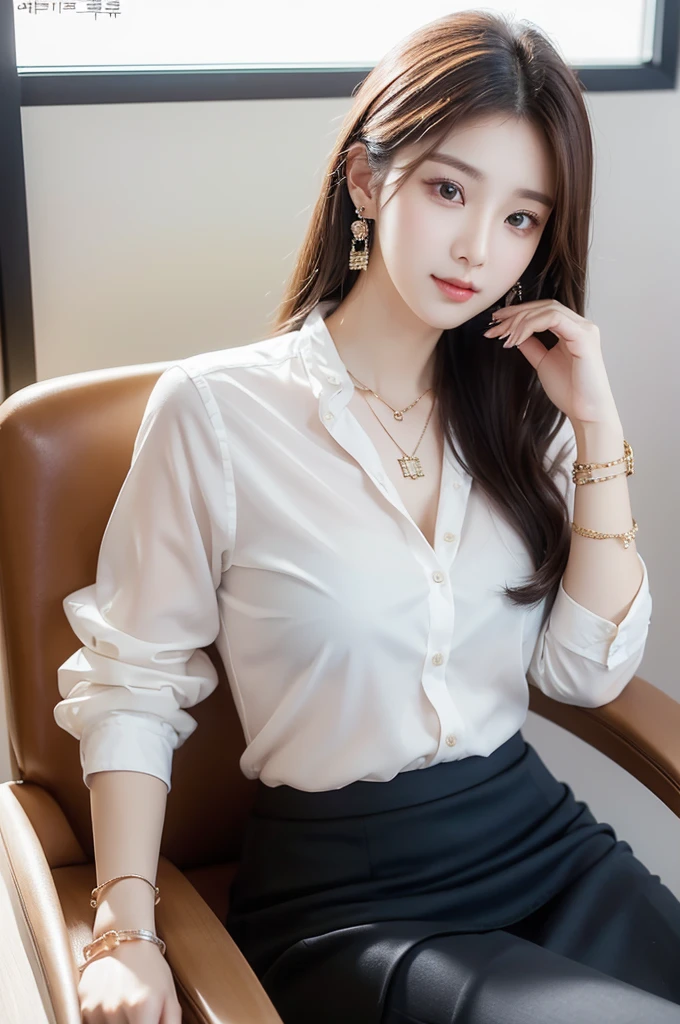 (((actual photography))),, portrait, Korean，(arrogant的臉:1.3),, 1 Girl，beautiful girl, arrogant,Sit in a large class chair , (Necklace，earrings，Bracelet:1.1), Buttoned shirt and hip skirt, , (cleavage:0.3),, In the CEO&#39;s Office, (environmental details:1.3),, (original photo, CG Unity, photography, ultra actual details, sharp focus, Delicate skin,4K, High resolution, masterpiece, best quality, actual, energetic:1.2),, (8K,4K, Ultra high quality, High resolution, professional, Movie般的, Movie, Dramatic),Reasonable posture, Detailed office background