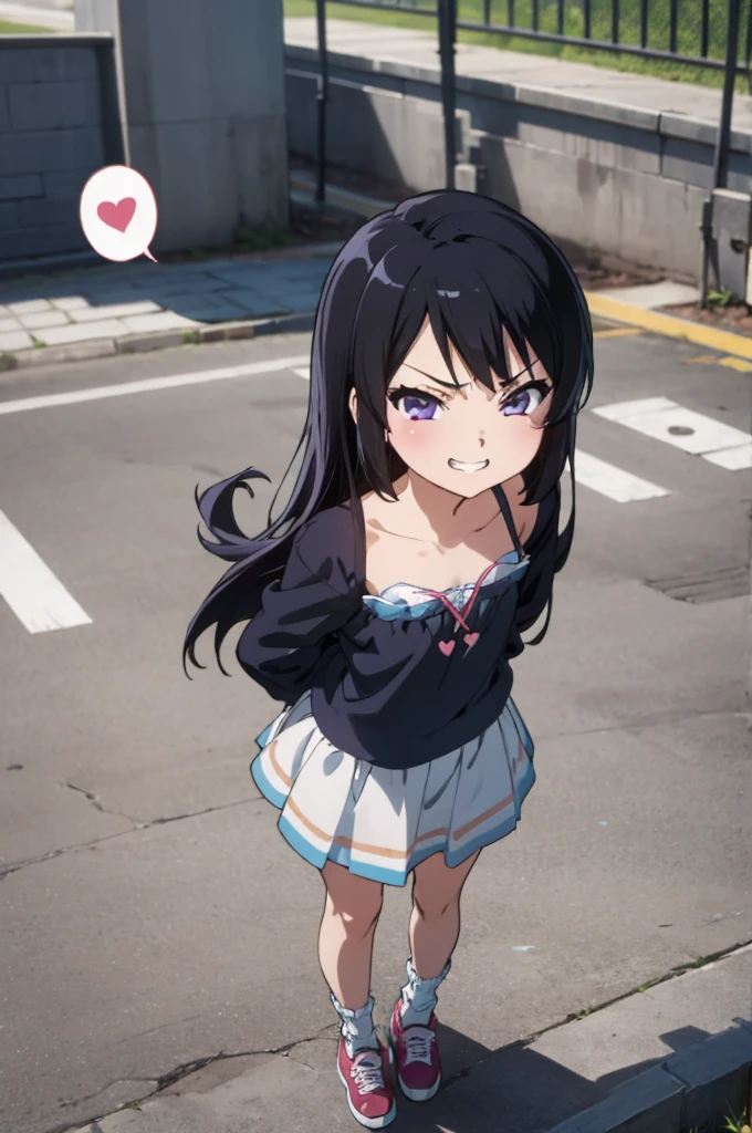 solo, 1girl, looking at viewer, reina kousaka, , ,,spoken heart,,(petite),flat chest,grin,outdoor,socks,,angry