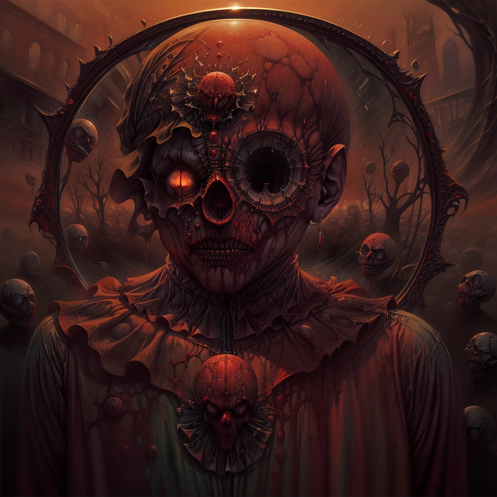 Impact in the middle of the windshield, surreal, Highly detailed undead clown lich, sad clown, intensive, souls, In the style of Marco Maczoni., very detailed, Creepy and creepy ArtStation masterpiece, award-winning, horror, scary, Frightening, Horrible, Photorealistic, wayne barlowe, Octane rendering,, high detail, Wide angle shot, intrincado terrifying, a nightmare, alarming, terrifying, gloomy, rotten, since Zdzislaw Beksinski, terror, Seria, blood, scull