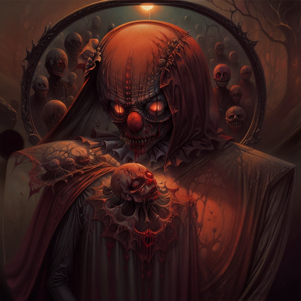 Impact in the middle of the windshield, surreal, Highly detailed undead clown lich, sad clown, intensive, souls, In the style of Marco Maczoni., very detailed, Creepy and creepy ArtStation masterpiece, award-winning, horror, scary, Frightening, Horrible, Photorealistic, wayne barlowe, Octane rendering,, high detail, Wide angle shot, intrincado terrifying, a nightmare, alarming, terrifying, gloomy, rotten, since Zdzislaw Beksinski, terror, Seria, blood, scull