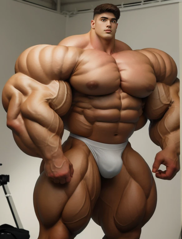 1boy, giant, alone, bodybuilding pose, stand, illuminating light, strong body, bulk, large size, staring, in the white photo studio room, nude, white triangular underwear, prominent bulge, extraordinary big, brutalmass, giant, muscular body, bulk, buff, massive body, large meaty body size, extremely wide body, backview