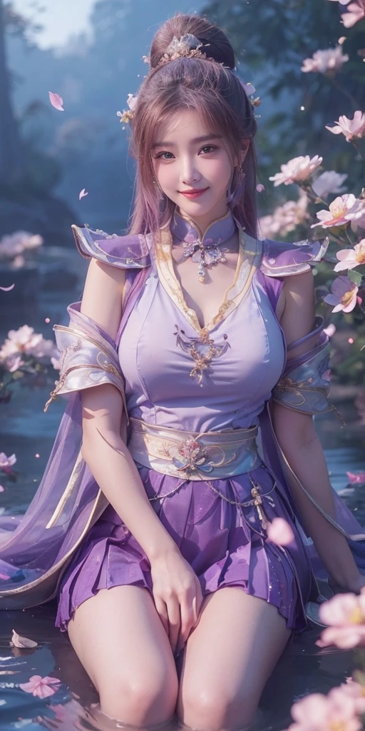 A beautiful young woman with a perfect, pretty face, delicate chin, and slim nose, dressed in Xianxia-inspired clothing, shyly blushing and smiling alluringly, with enormous, voluptuous breasts, masterfully rendered in 8K quality.
