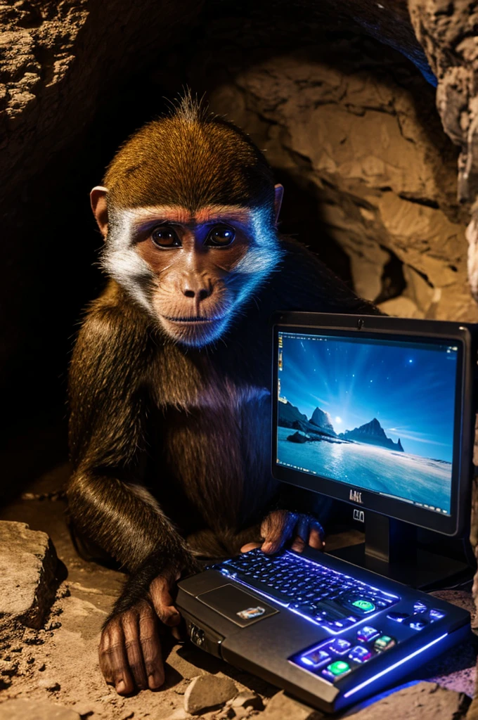 moneky with the pc in a cave