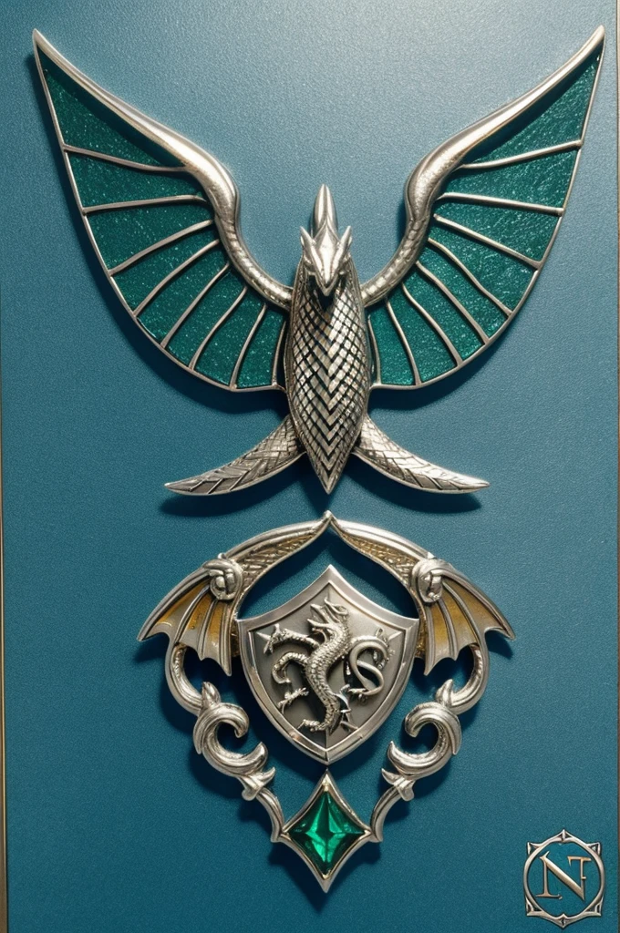 In the style of the shields of the houses of game of thrones:

Canvas Base: Select a classic heraldic shield shape, with a silver metallic surface and gold edges.
	• Fund: Fill the background with a glazed dark emerald green tone.
	• Dragon: Draw a sea serpent in the center, uses shiny silver for the body and light blue for the wings. Be sure to include raised details for the scales and wings.
	• Eggs: Add undulating waves around the sea serpent in sky blue. Use engraving techniques for a three-dimensional effect.
	•	Flores: Insert small golden flowers between the waves, with embossed details.
	• Should: Creates a raised gold border with etched wave and leaf patterns.