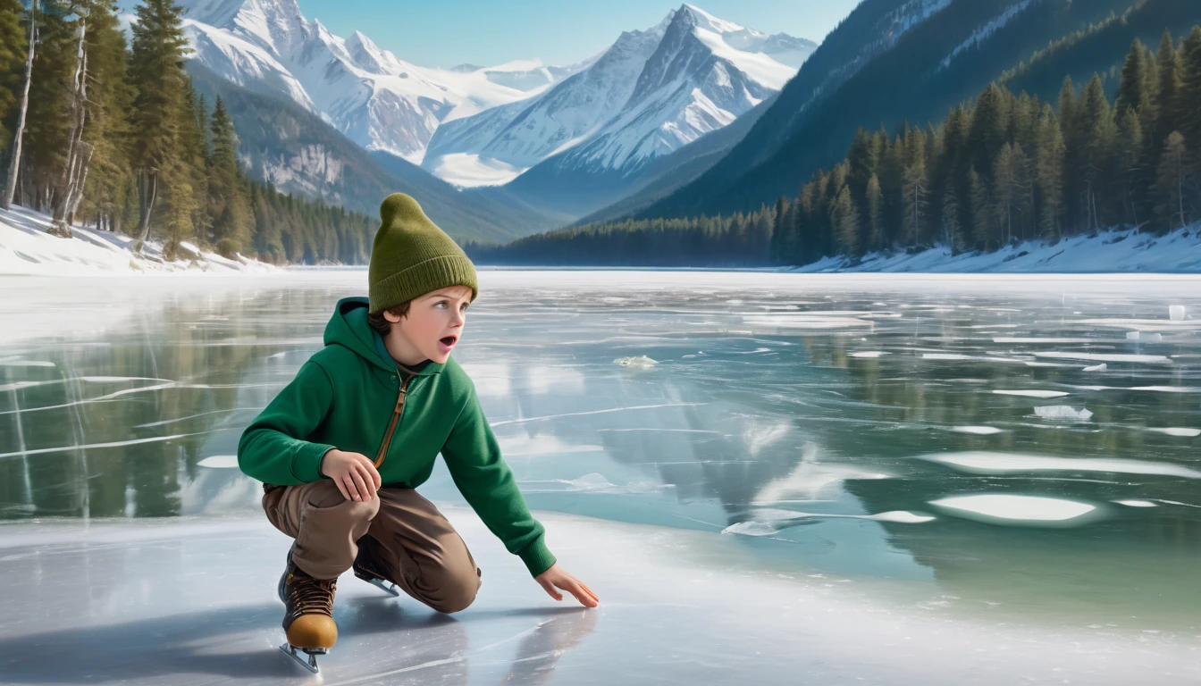 ultra-realistic, cinematic, full HD, 4K image of a panicked nine-year-old boy, wearing a green sweatshirt and brown hat, kneeling on a frozen lake, hitting the ice with an ice skating boot, in the middle of a forest, in the background snow-covered mountains, composition following the golden ratio, digital painting, with breathtaking details and HD resolution.