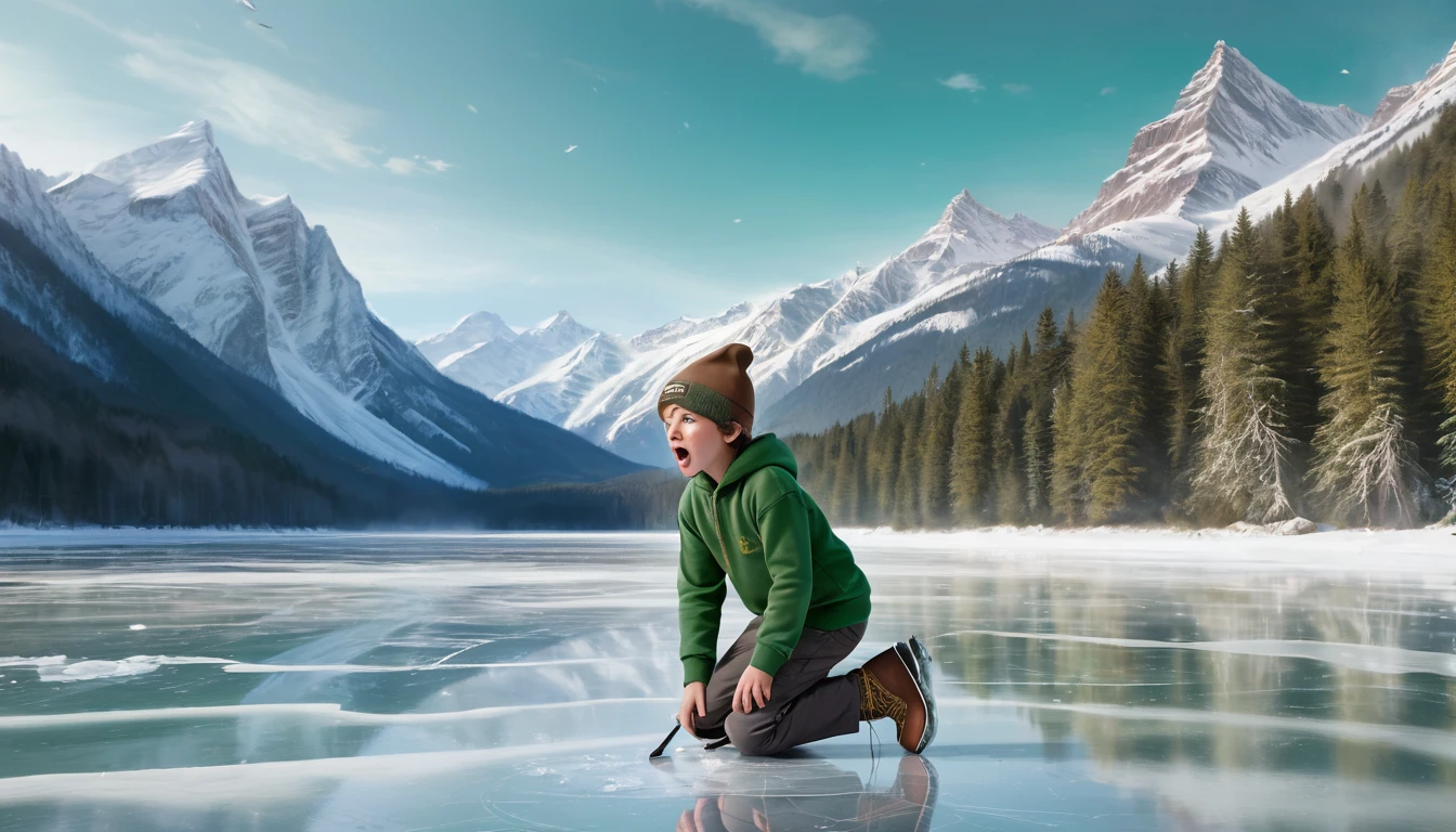 ultra-realistic, cinematic, full HD, 4K image of a panicked nine-year-old boy, wearing a green sweatshirt and brown hat, kneeling on a frozen lake, hitting the ice with an ice skating boot, in the middle of a forest, in the background snow-covered mountains, composition following the golden ratio, digital painting, with breathtaking details and HD resolution.