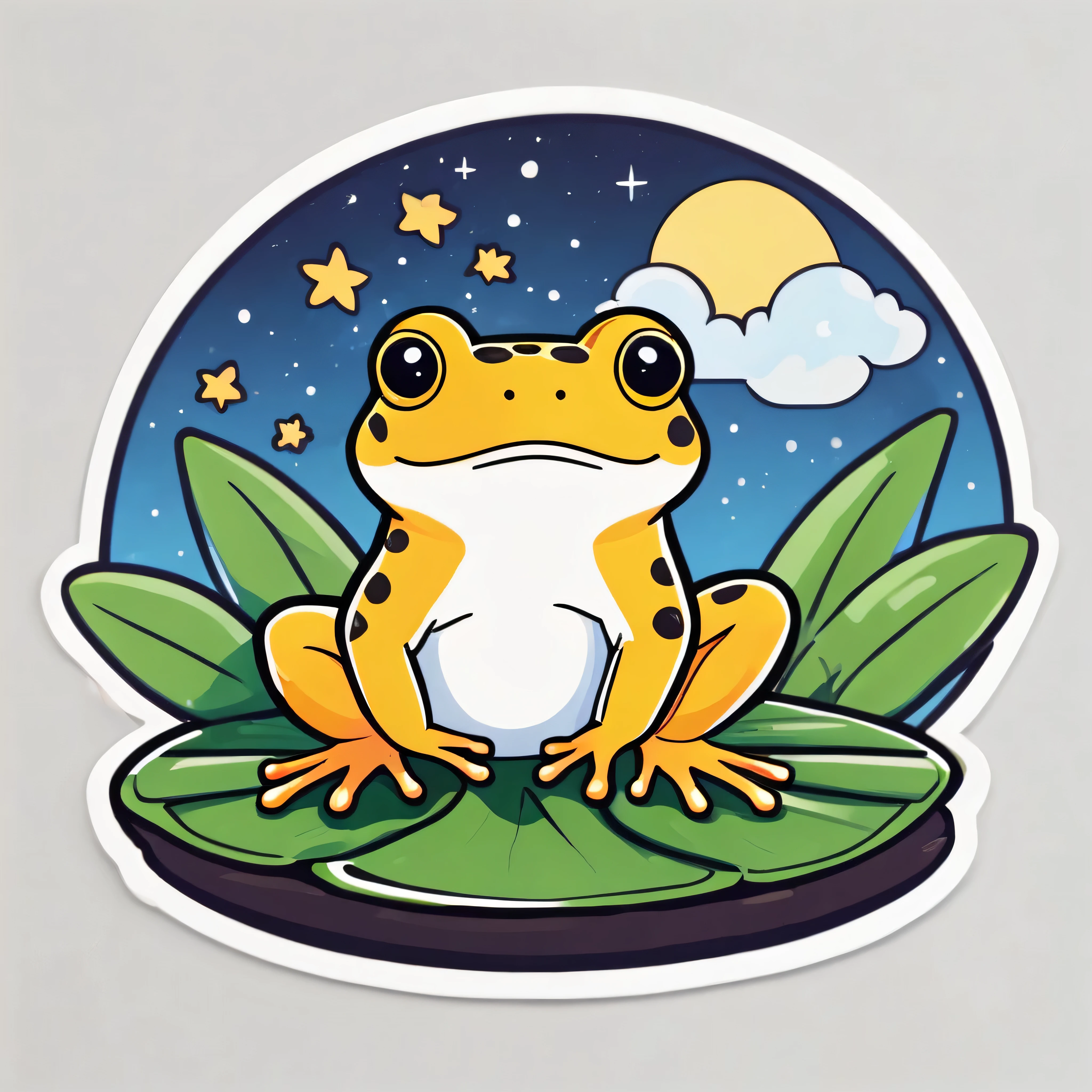 Cute tiny frog on a lilly pad, mid-night, stars, clouds, kawaii style, circular border, vivid, (((sticker, stickers, ))), flat colors, black outline, white background