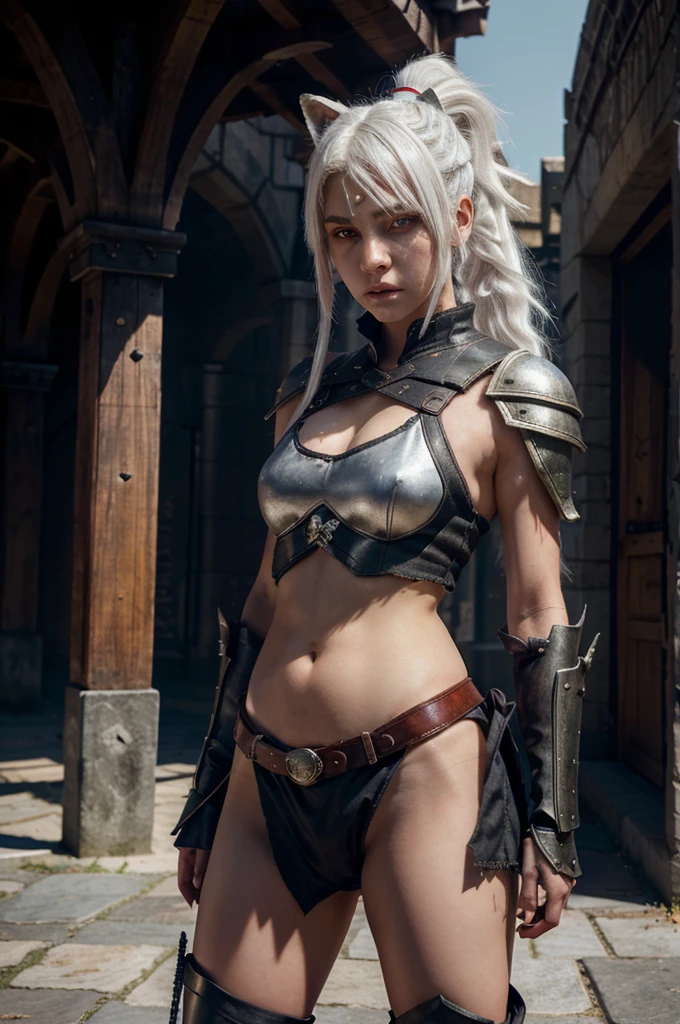 Young Wolf girl. White hair ponytail. Red eye. Scar on left eye. Traditionnal armor. Fantasy. 4k.  Full body. Fantasy médiévale City background. Sword.