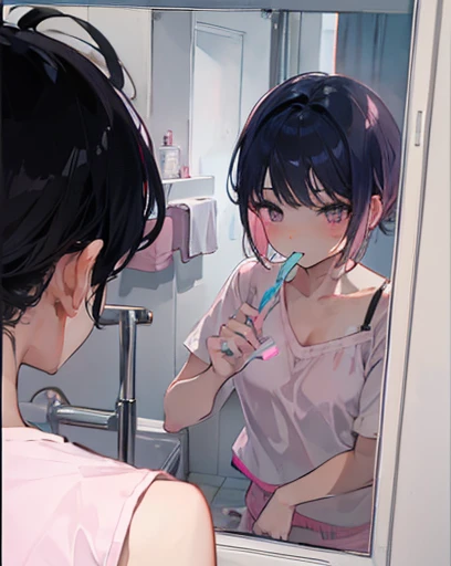 cute girl with short pink hair with bangs, wearing white shirt and pink shorts, brushing teeth in a white bathroom, 8k