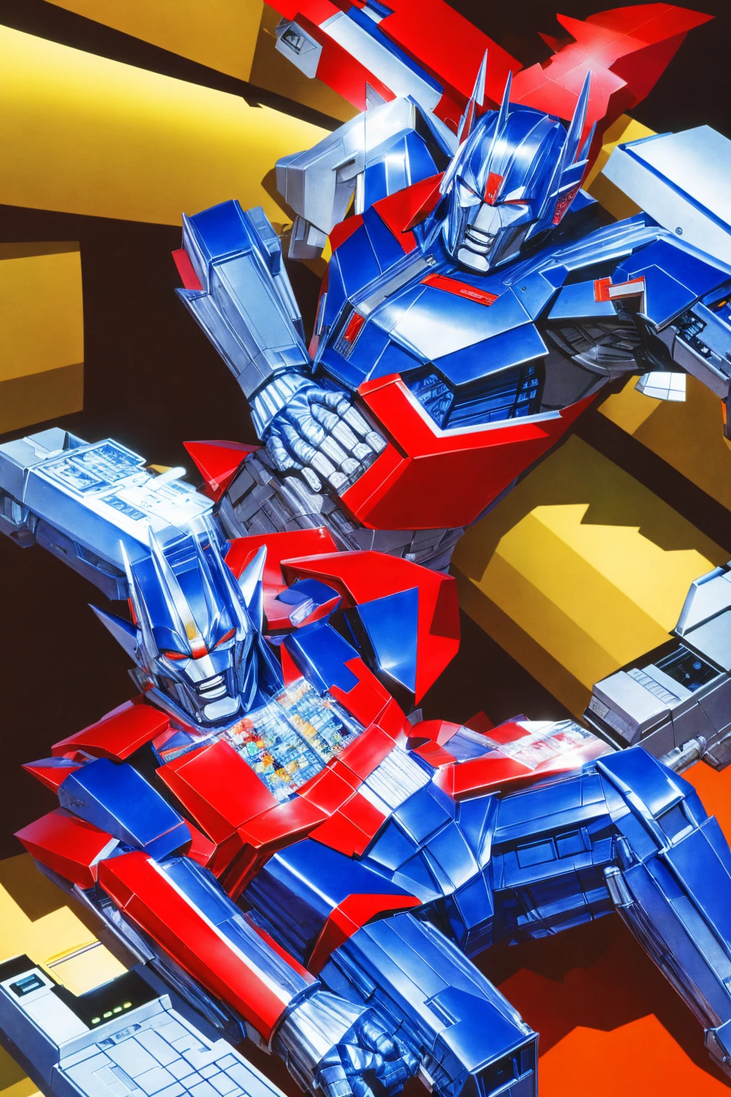 Optimus prime sitting on the couch playing Nintendo on a Saturday morning in the 80s