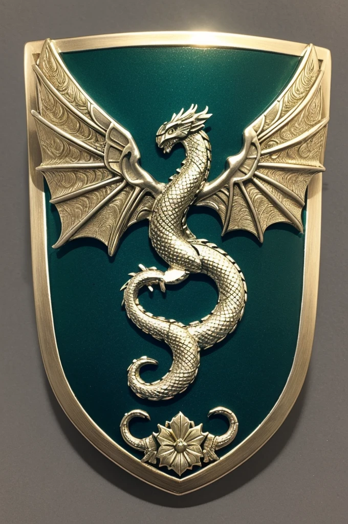 In the style of the shields of the houses of game of thrones:
Canvas Base: Select a classic heraldic shield shape, with a silver metallic surface and gold edges.
• Fund: Fill the background with a glazed dark emerald green tone.
• Dragon: Draw a sea serpent in the center, uses shiny silver for the body and light blue for the wings. Be sure to include raised details for the scales and wings.
• Eggs: Add undulating waves around the sea serpent in sky blue. Use engraving techniques for a three-dimensional effect.
• Flores: Insert small golden flowers between the waves, with embossed details.
• Should: Creates a raised gold border with etched wave and leaf patterns.