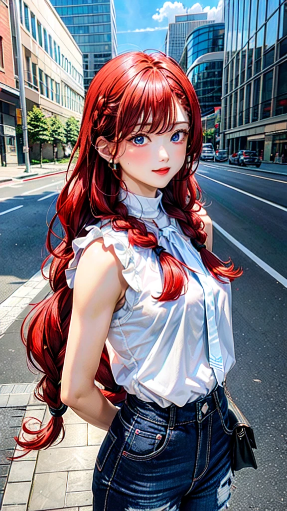 Masterpiece, whole body, long braided hair, Red hair, blue eyes, white sleeveless shirt with black tie, blue short jeans, big chest, modern city background, sexy chica, Women, 