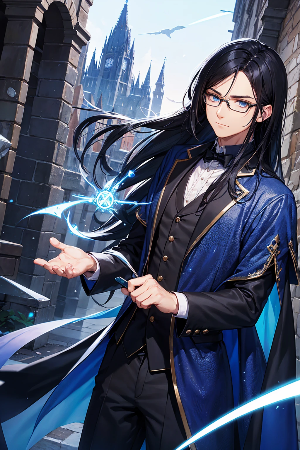 Man with glasses, magician with long black hair, dark blue eyes, wears blue with black magician clothes, young magician, intellectual, cold personality, medieval city background.