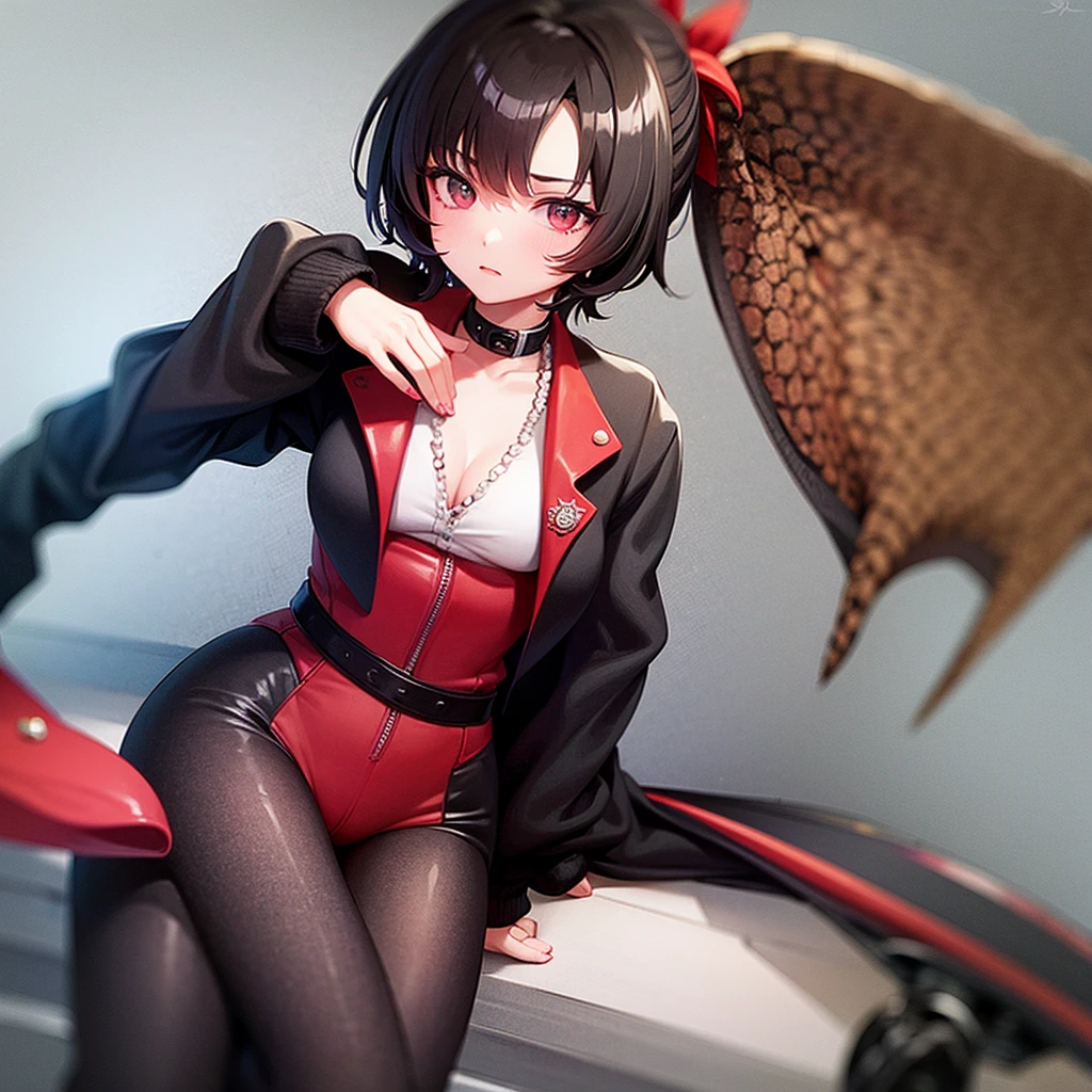 A woman, Marnie, with short curly brown hair, black eyes, wearing a dark red suit and white boots, introverted expression