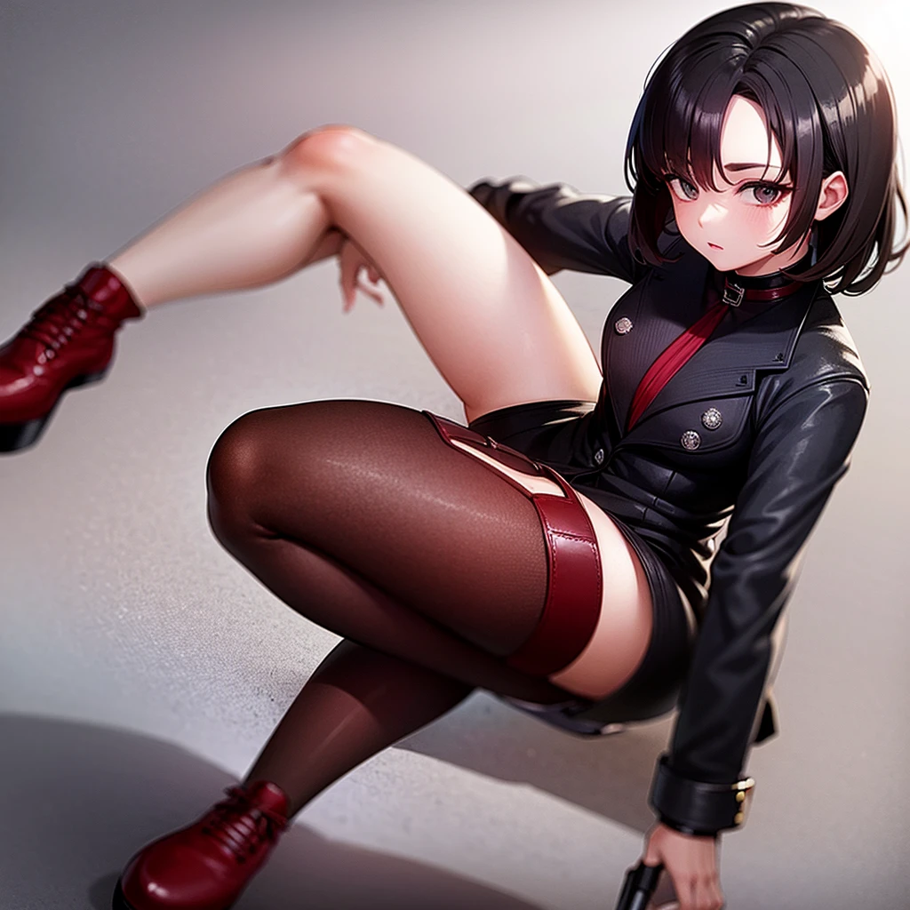 A woman, Marnie, with short curly brown hair, black eyes, wearing a dark red suit and white boots, introverted expression