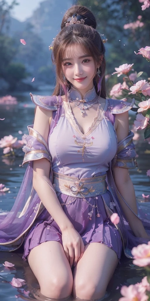 A beautiful young woman with a perfect, pretty face, delicate chin, and slim nose, dressed in Xianxia-inspired clothing, shyly blushing and smiling alluringly, with enormous, voluptuous huge inormous breasts, masterfully rendered in 8K quality.