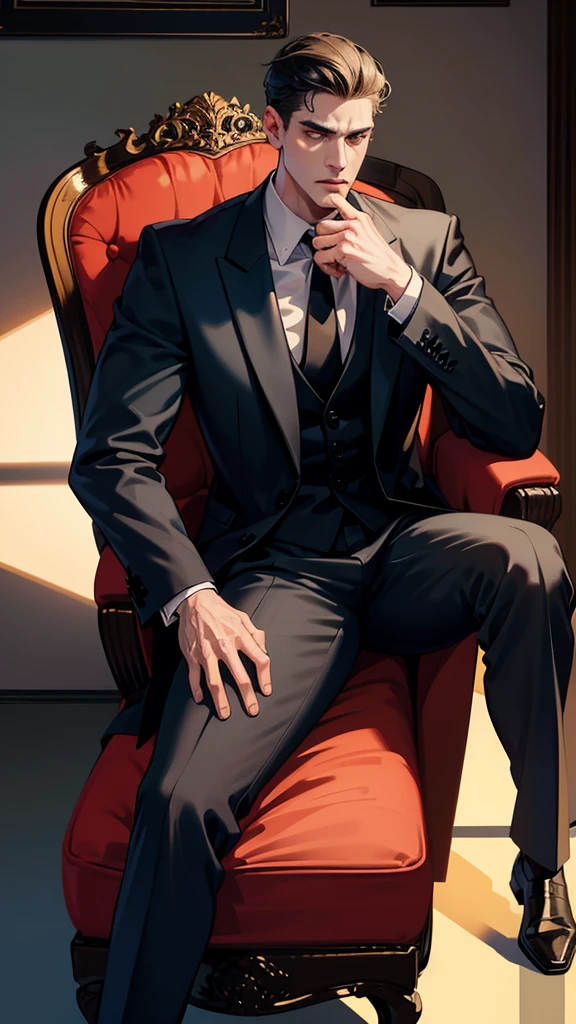 a tall angry masculine man in a suit, sitting in a chair, bulge in trousers, low angle shot, cinematic dramatic lighting, photorealistic, 8k, high detail, chiaroscuro lighting