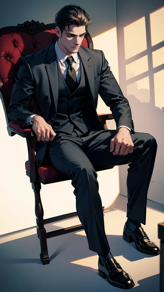 a tall angry masculine man in a suit, sitting in a chair, bulge in trousers, low angle shot, cinematic dramatic lighting, photorealistic, 8k, high detail, chiaroscuro lighting