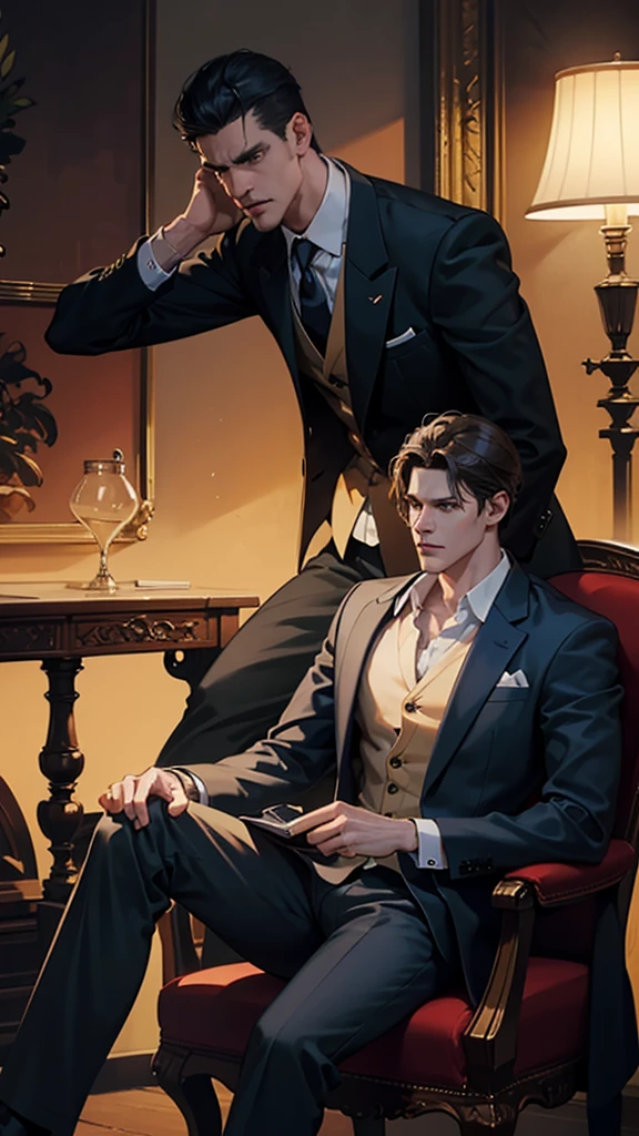 a tall angry masculine man in a suit, sitting in a chair, bulge in trousers, low angle shot, cinematic dramatic lighting, photorealistic, 8k, high detail, chiaroscuro lighting