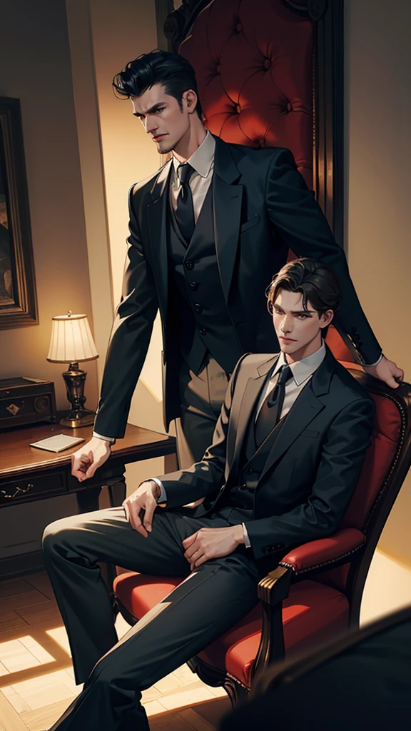 a tall angry masculine man in a suit, sitting in a chair, bulge in trousers, low angle shot, cinematic dramatic lighting, photorealistic, 8k, high detail, chiaroscuro lighting