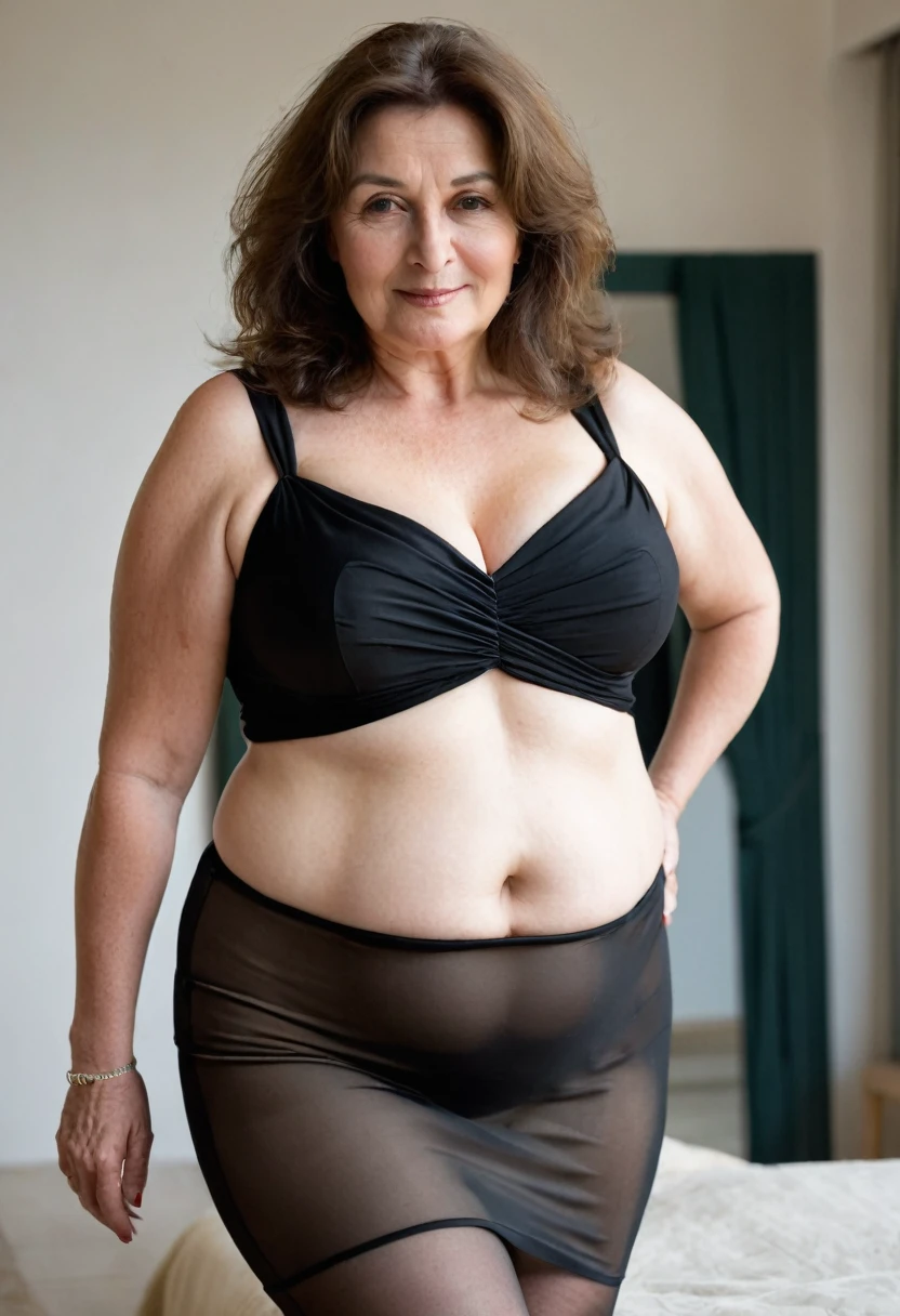 woman 59yo,lots of light full body,foreground,very wide hips,caderona,very busty, black dress tap project,transparent dress ,chubby, naked,a lot of neckline up to the navel,mini body,many semi out tits,provocative,sensual,sexually,mostrando escote foreground,exhibitionist,natural face,no makeup,doing sex,very sexual body,village woman,curvy women