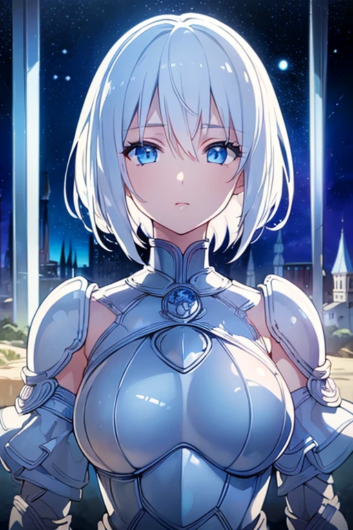 (((masterpiece))), (((Best quality))), ((ultra detailed)), (Cinematic lighting), (illustration), (beautiful detailed eyes), (1 girl), whole body, space, knight, silicone almost transparent armor, blonde hair, to walk, castle in the distance, Best quality, expressive eyes, perfect face, girl: (20 years, White hair, short hair, Silicone almost transparent armor suit),