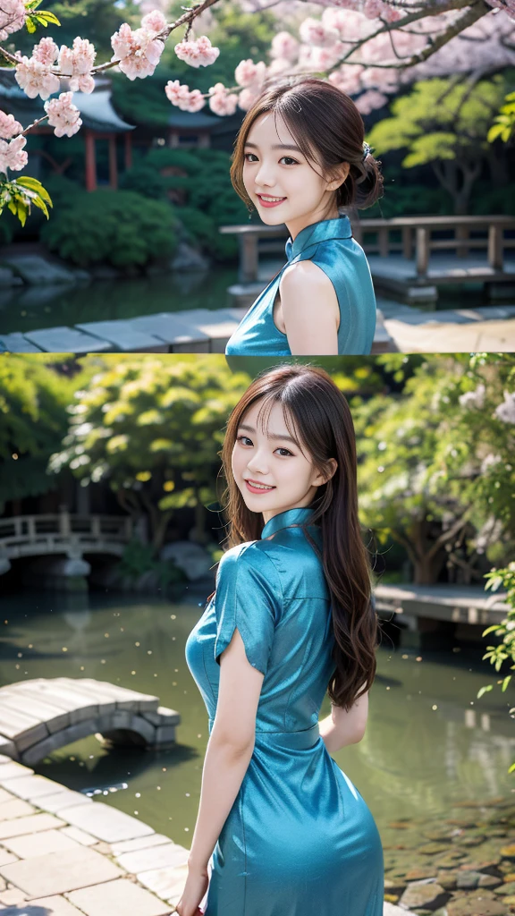 (8K, RAW Photos, Highest quality, masterpiece:1.3), (Realistic, photo-Realistic:1.4), (Highly detailed 8K wallpaper), Sharp focus, Written boundary depth, (Double Bang:1.2), Japanese Idols,very cute,(Baby Face) , Look at us and laugh, Upper Body, Highly detailed face and eyes,((Shiny skin:1.2)), Cinema Lighting, Soft Light,( China dress:1.2), Blur the background, Bokeh,(Traditional Chinese garden with cherry blossoms in full bloom, Enjoy the tranquil scenery with a pond and a small bridge.)